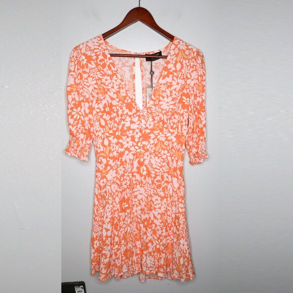 MINKPINK Marli Floral Mini Dress Orange Pink V-Neck Puff Sleeve Keyhole Back - Picture 14 of 16